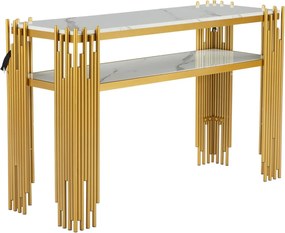 MAU42 - Masa Consola, 120 cm, masuta hol cu raft, living, dormitor - Auriu - Alb / Negru Imitatie de Marmura
