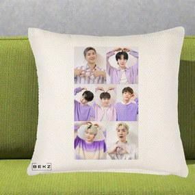 Perna Personalizata K-pop BTS Colaj 7 Portrete cu Inimi Lila, 40x40 cm, Crem Reliefat, Husa Detasabila, Perna Inclusa, BEKZ®