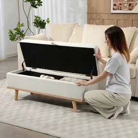 HOMCOM Taburet depozitare 80L, material textil, picioare lemn, 118x42x45 cm, crem | Aosom Romania