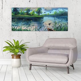 Tablou- Pictură în ulei, seară de vară lângă lac (120x50 cm)