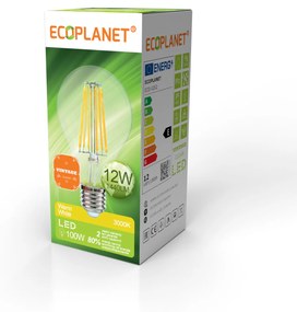 Bec LED A70 filament Ecoplanet Vintage, E27, 12W (100W), 1440 LM, E, lumina calda 3000K, Clar Transparent Lumina calda - 3000K, 1 buc