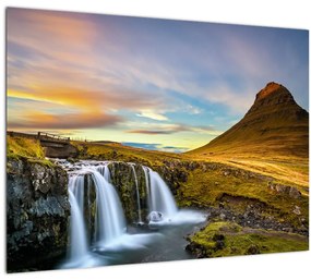 Tablou pe sticlă cu munții și cascade pe Islanda (70x50 cm)