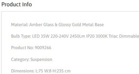 Lustra moderna cu 5 pendule LED, Metal, Auriu, Sticla, Amber, Norma