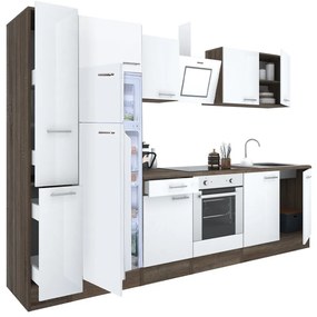 Mobilă de bucătărie Yorki 280, corp din stejar Yorki, față alb satinat, element cuptor inferior, frigider congelator superior