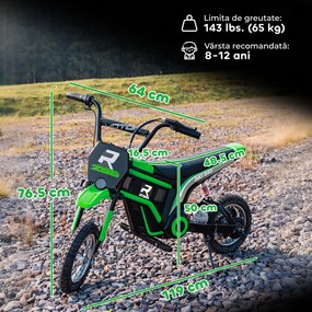 HOMCOM Motocicletă Electrică pentru Copii cu Accelerație Manuală, 2 Viteze, 8-16 km/h, Vârsta 8-12 Ani, Verde | Aosom Romania
