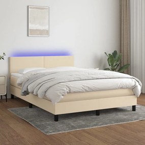 Pat cu arcuri, saltea si LED, crem, 140x190 cm, textil Crem, 140 x 190 cm, Design simplu