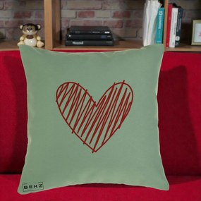 Perna Decorativa Inima Rosie Desen Manual, 40x40 cm, Verde, Husa Detasabila, Perna Inclusa, BEKZ®