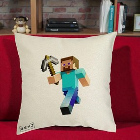 Perna Personalizata Minecraft Steve cu Tarnacop, 40x40 cm, Ecru, Husa Detasabila, Perna Inclusa, BEKZ®