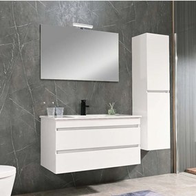 Mobilier de baie Cube 100 cm cu chiuvetă ceramică (2 sertare) și oglindă 60x100 cm vopsită în alb lucios