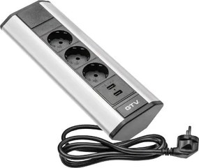 Priză de colț GTV, 3 prize Schuko, 2 porturi USB, aluminiu, 277 x 52 mm Aluminiu, Metal+plastic, AE-PBKT3S2U-80