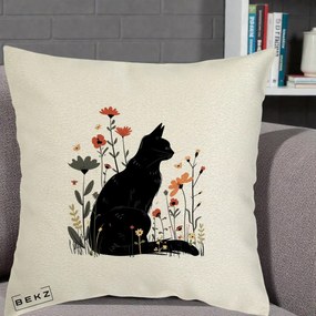 Perna Decorativa Pisica Neagra Profil Flori Portocalii, 40x40 cm, Ecru, Husa Detasabila, Perna Inclusa, BEKZ®