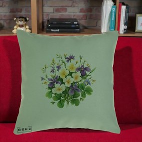 Perna Decorativa Viorele Iris Violet si Trifoi, 40x40 cm, Verde, Husa Detasabila, Perna Inclusa, BEKZ®