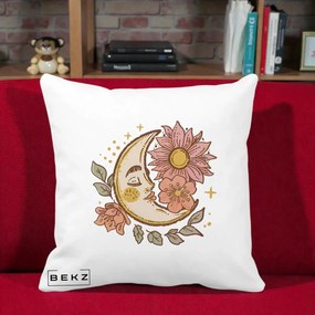 Perna Personalizata Luna Boho Chip Floral, 40x40 cm, Alba Mata, Husa Detasabila, Perna Inclusa, BEKZ®