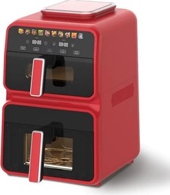 Friteuză cu aer cald NostroLux Noir-Rogue NL51980CD, 3000 W, 4,5 + 6,5 l, 12 programe, până la 200 °C, 2 zone independente, deshidratare, sincronizare, ecran tactil, cronometru, roșu/negru