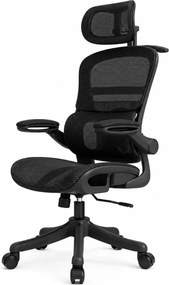 Scaun ergonomic cu șezut din plasă și suport lombar dinamic, tetiera 3D, cotiere rabatabile, Negru