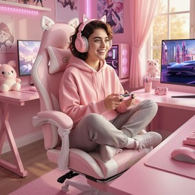 Vinsetto Scaun Gaming Ergonomic cu Urechi de Pisică, Fotoliu Gaming Birou Reclinabil din Piele Eco cu Suport pentru Picioare, Tetieră și Înălțime Reglabilă, Suport Lombar și Cervical, Roz | Aosom Romania