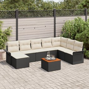 Set de canapele de grădină vidaXL 9 piese cu perne Negru Ratan Poliester Acacia
