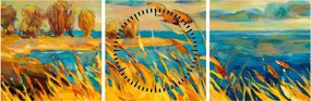 Tablou - Apus de soare peste lac, pictură acrilică (cu ceas) (90x30 cm)