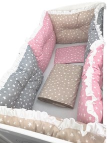 Set de 6 bucati aparatori protectii laterale patut Deseda Stelute pe roz-bej-gri