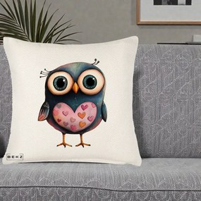 Perna Decorativa Bufnita cu Inimioare Roz, 40x40 cm, Crem Reliefat, Husa Detasabila, Perna Inclusa, BEKZ®