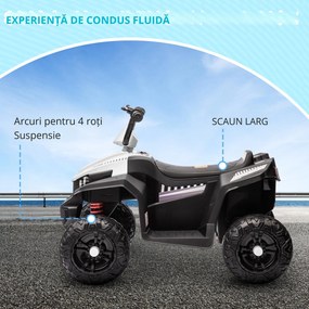 AIYAPLAY Quad electric pentru copii, lumină &amp; muzică, suspensie, 5 km/h, 50 Min. timp de rulare, pentru 3-5 ani, Alb | Aosom Romania