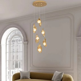 Lustra cu 6 pendule LED otel auriu si sticla MALORY