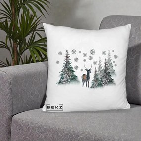Perna Decorativa Ren in Padure Inzapezita, 40x40 cm, Alb Pufos, Husa Detasabila, Perna Inclusa, BEKZ®