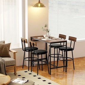 HOMCOM Set masă de bar 5 piese cu 4 scaune, design industrial, pentru bucătărie, sufragerie, lemn, oțel, maro | Aosom Romania