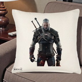 Perna Personalizata The Witcher Geralt of Rivia Portret, 40x40 cm, Crem Reliefat, Husa Detasabila, Perna Inclusa, BEKZ®
