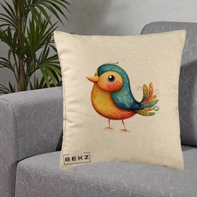 Perna Decorativa Pasare Folk Art Portocalie-Teal, 40x40 cm, Bej, Husa Detasabila, Perna Inclusa, BEKZ®