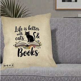 Perna Personalizata Life is Better Cats and Books, 40x40 cm, Crem, Husa Detasabila, Perna Inclusa, BEKZ®