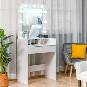 HOMCOM Masuta de Toaleta pentru Camera cu Oglinda 9 Lumini LED, Masa de Machiaj cu Sertar si Compartimente Deschise 70x40x160cm, Alb
