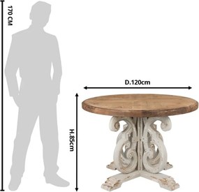 Masă dining rotundă din lemn, natur, 4–5 locuri, cu picior central în volute, finisaj antichizat, 85 x 120 cm, „Aimée”
