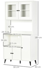 HOMCOM Bufet de bucătărie cu 3 dulapuri, nișe, rafturi reglabile, uși vitrate, pasă-cablu, 90x40x180cm, alb | Aosom Romania