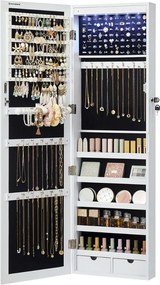 Dulap pentru bijuterii montat pe perete cu oglindă JEWELIA, cu iluminare LED, 10x37x120 cm, alb SongmicsHome