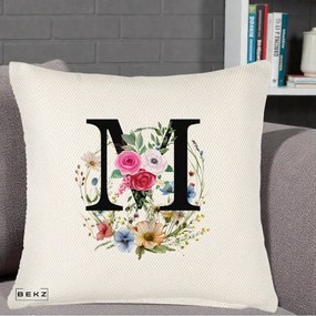 Cadou Personalizat - Perna Personalizata Monogram Litera M cu Flori Acuarela, 40x40 cm, Crem Reliefat, Husa Detasabila, Perna Inclusa, BEKZ®