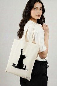 Sacosa de Panza pentru Cumparaturi, Geanta Tote, model Caffeine Cat 6 38 x 34.5 cm, Alba, BEKZ®