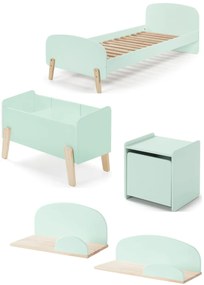 Set KIDDY în verde mentă format dintr-un Pat copii (90x200), noptieră, 2 rafturi de perete (45 și 65 cm) și o cutie de jucării.