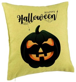 Perna Decorativa cu motiv Dovleac de Halloween si Text, 40x40 cm, Verde, Husa Detasabila, Burduf