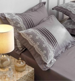 Lenjerie pat dublu, Inimi Brodate, 6 Piese, Finet Premium - Gri