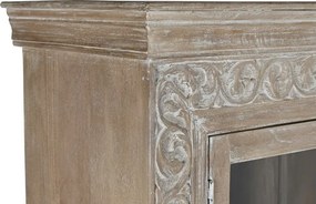 Vitrină sculptată manual din lemn masiv de mango, finisaj décapé alb, 2 uși vitrate, 3 rafturi, 120×44×210 cm, „Jaipur"