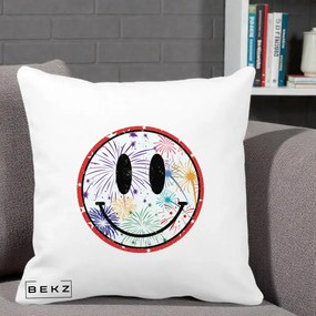 Perna Decorativa Smiley Face cu Artificii Multicolore, 40x40 cm, Alba Mata, Husa Detasabila, Perna Inclusa, BEKZ®