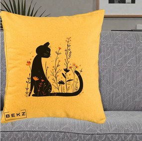 Perna Decorativa Pisica Neagra Flori Portocalii Silueta, 40x40 cm, Galben, Husa Detasabila, Perna Inclusa, BEKZ®
