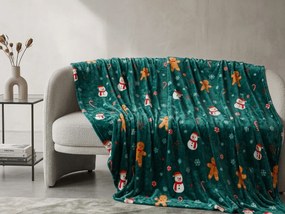 Patura microplus de Craciun SNOWMAN AND GINGERBREAD verde Dimensiuni: 150 x 200 cm