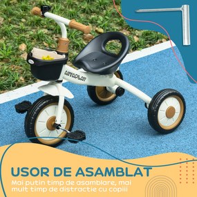 Tricicleta pentru Copii de 2-5 ani, Tricicleta pentru Copii cu Scaun Reglabil, Cos, Clopotel, Alb 70,5x50x58cm AIYAPLAY | Aosom RO
