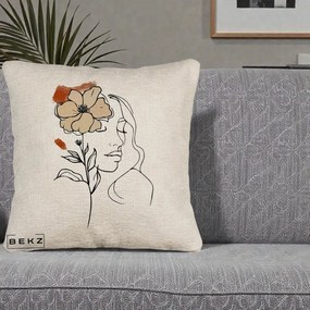 Perna Decorativa Portret Feminin Floare Bej Terracotta, 40x40 cm, Bej Canapea, Husa Detasabila, Perna Inclusa, BEKZ®