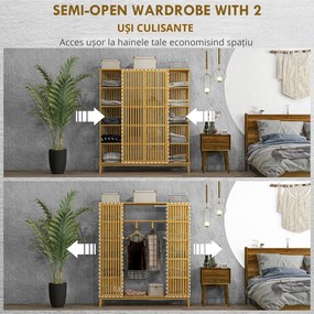 HOMCOM Dulap Deschis din Bambus cu 2 Uși Glisante, Garderobă cu Rafturi și Bară de Haine, 145x35x165 cm, Lemn Natural | Aosom Romania