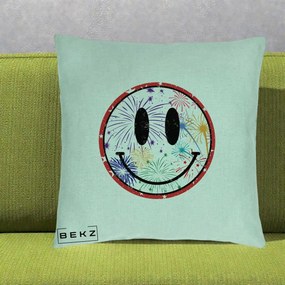 Perna Decorativa Smiley Face cu Artificii Multicolore, 40x40 cm, Verde Menta, Husa Detasabila, Perna Inclusa, BEKZ®
