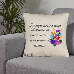 Cadou pentru Nasi - Perna Personalizata Dragii Nostri Nasi Multumim cu Flori Multicolore, 40x40 cm, Bej Canapea, Husa Detasabila, Perna Inclusa, BEKZ®