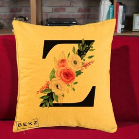 Cadou Personalizat - Perna Personalizata Monograma Florala Litera Z cu Buchet, 40x40 cm, Galben, Husa Detasabila, Perna Inclusa, BEKZ®